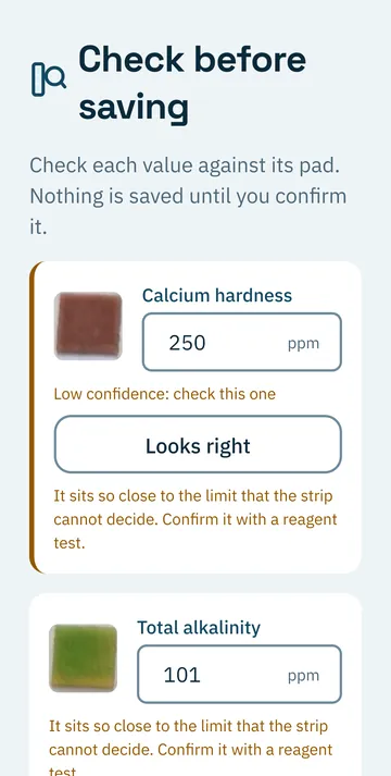 Review before saving screen: each pad with its value and a low-confidence warning