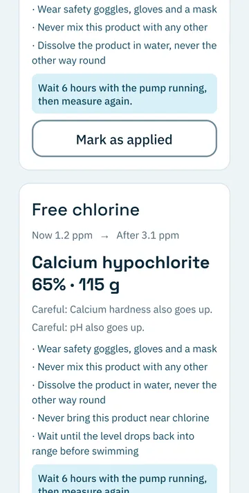 Recommendation screen: the product, the amount in grams and the precautions