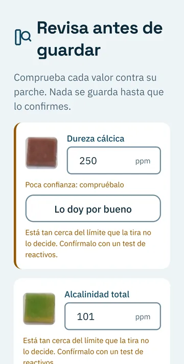 Pantalla Revisa antes de guardar: cada parche con su valor y un aviso de poca confianza