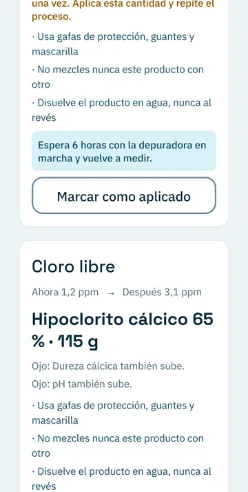 Pantalla de recomendación: el producto, la cantidad en gramos y las precauciones