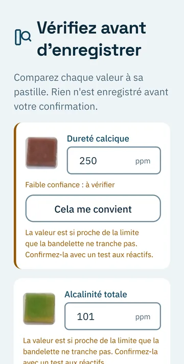 Écran de vérification : chaque plage avec sa valeur et un avertissement de faible confiance