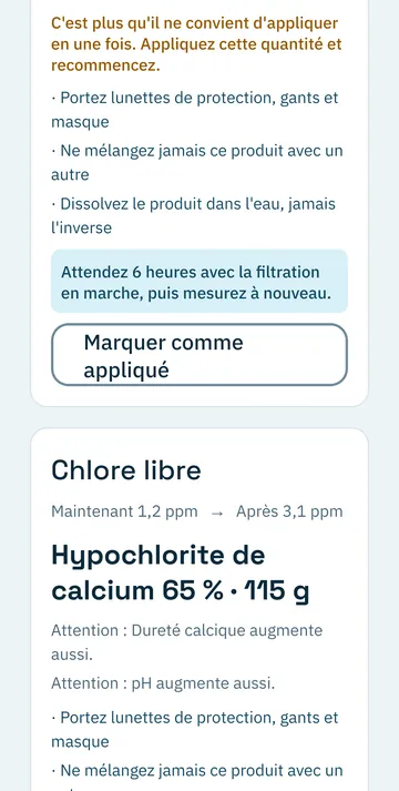 Écran de recommandation : le produit, la quantité en grammes et les précautions
