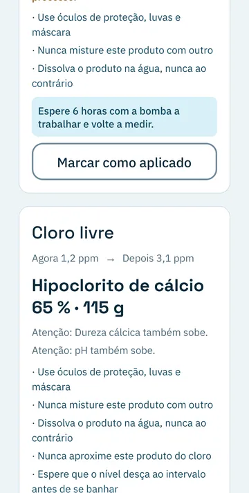 Ecrã de recomendação: o produto, a quantidade em gramas e as precauções