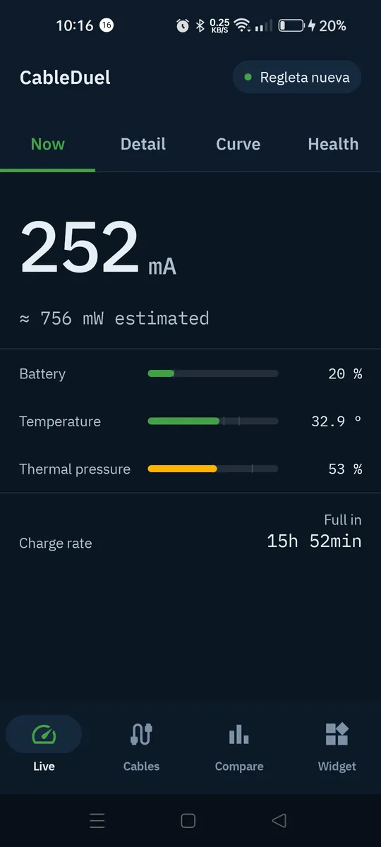 CableDuel's Now screen with the current, the estimated power and the time left until 100%.