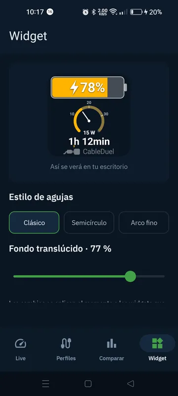Ajustes del widget con el porcentaje, la potencia y el tiempo restante.